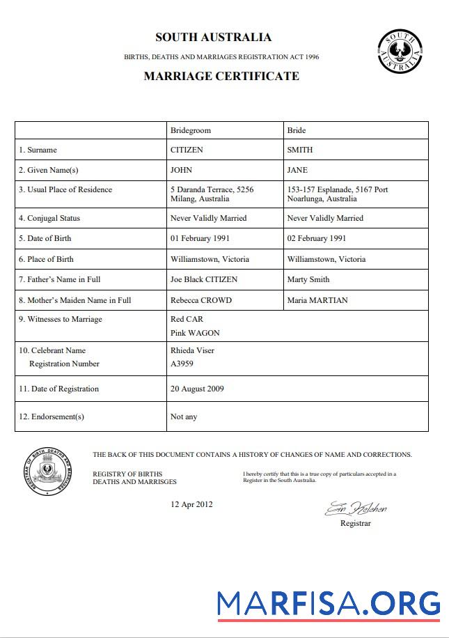 Printable Australia South Australia marriage certificate template in Word